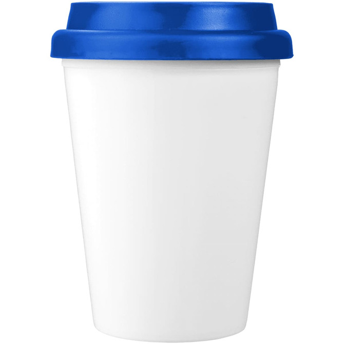 A drink bottle featuring a white body and blue lid, designed as an antibacterial insulated tumbler.