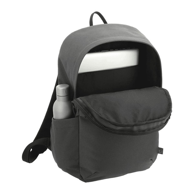 A black computer backpack made from recycled material, featuring a front pocket and a drink bottle in an exterior side pocket.