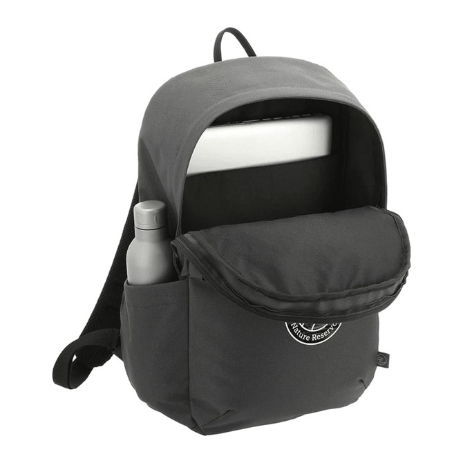 A black 19L computer backpack made from Repreve recycled material with a front pocket and a drink bottle in a side pouch.