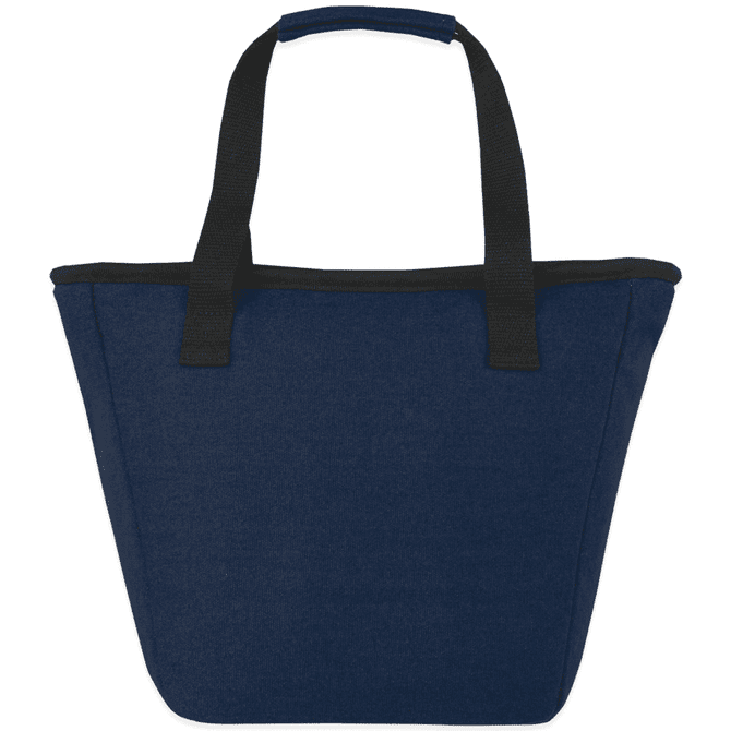 A navy cooler tote bag with black trim and dual handles. It features a logo on the front.