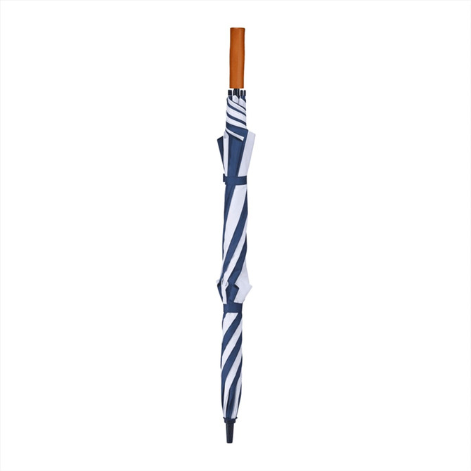 A navy and white striped recycled golf umbrella with a wooden handle and a logo.