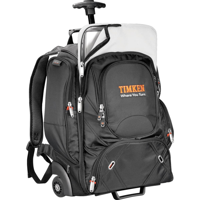 A black wheeled compu-backpack with multiple compartments and a retractable handle. It features a logo on the front.