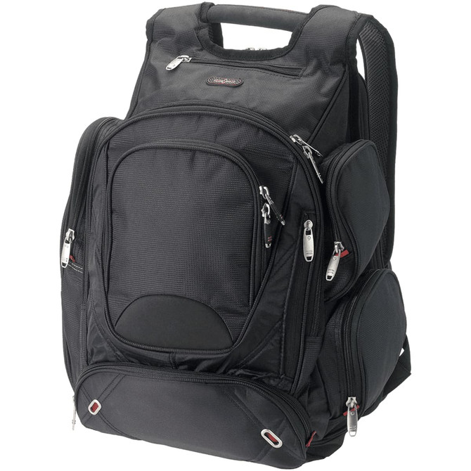 A black checkpoint-friendly backpack with multiple compartments and zippers, featuring a logo.