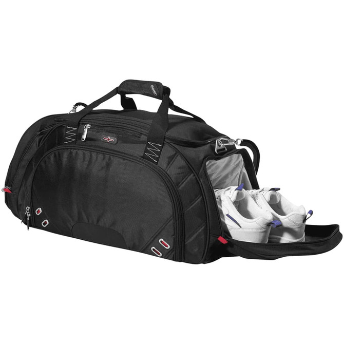 A black duffel bag with a zippered compartment displaying a pair of white sneakers. The bag features a logo.