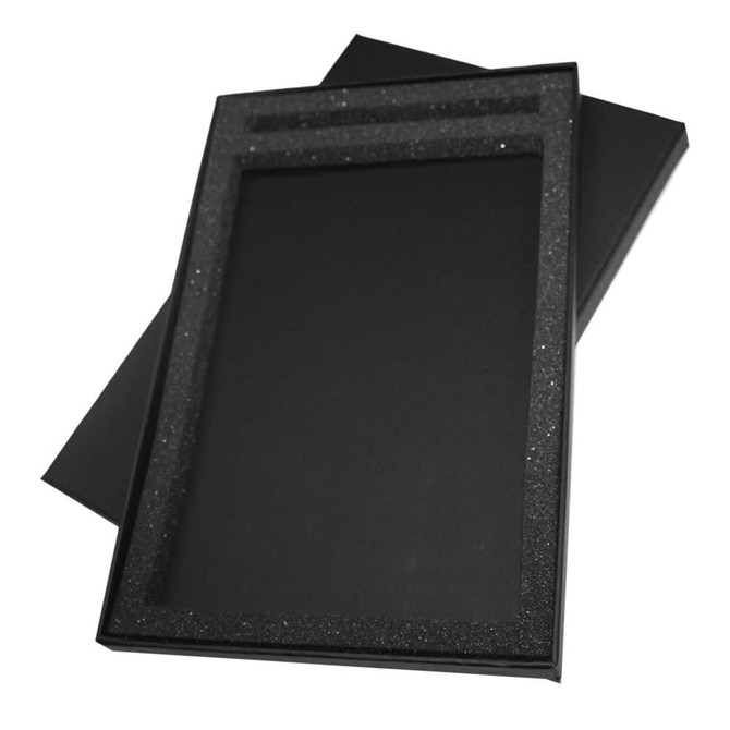 A black gift box with a glittery interior and a removable lid, suitable for holding items securely.