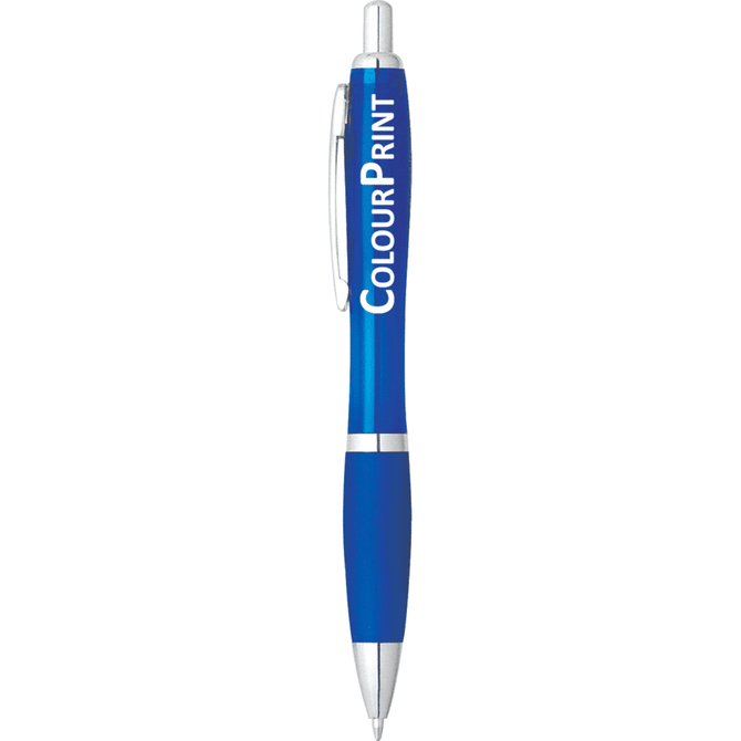 A blue pen with a silver clip and barrel, featuring a branding logo.