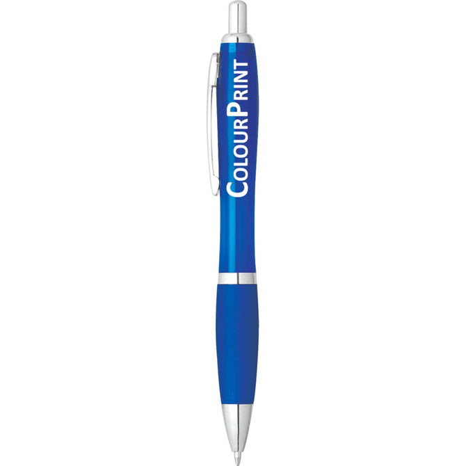 A blue pen with a silver clip and tip, featuring a branding logo.