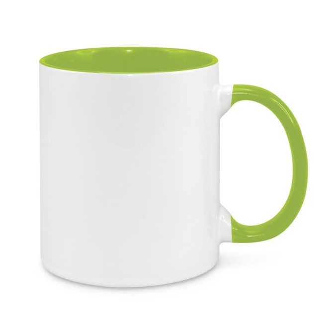 A coffee mug featuring a white exterior with a bright green handle and inner rim, including a logo.