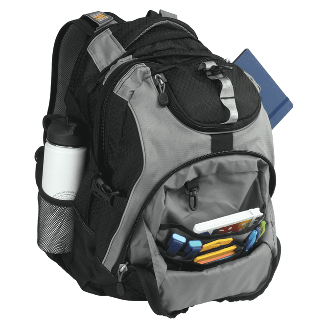 A black and grey backpack with multiple compartments, a drink bottle holder, and various coloured items in the front pocket.