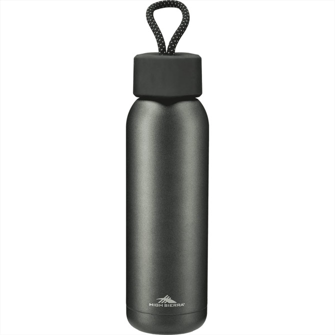A drink bottle with a matte grey finish, featuring a black lid and a braided handle. It includes a logo on the front.