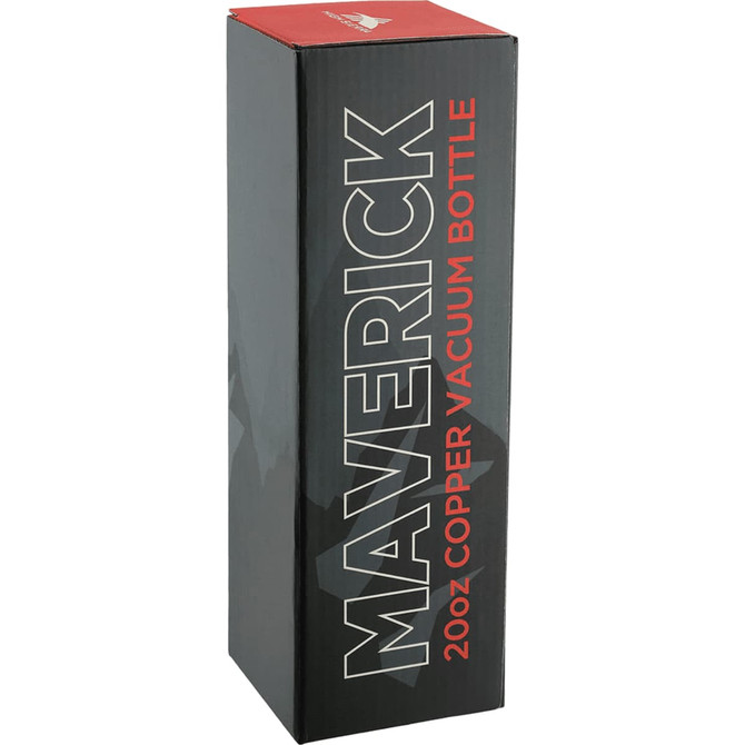 A drink bottle in a dark box featuring red and white text, labelled as "Maverick 600ml Copper Vacuum Bottle."
