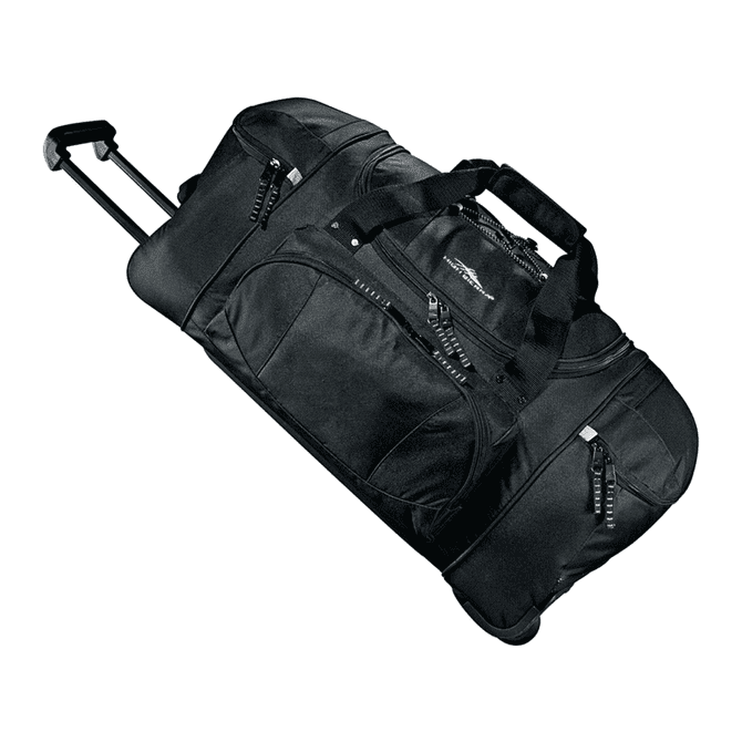 A black wheeled duffel bag with multiple zippered pockets and a retractable handle. It features a logo.