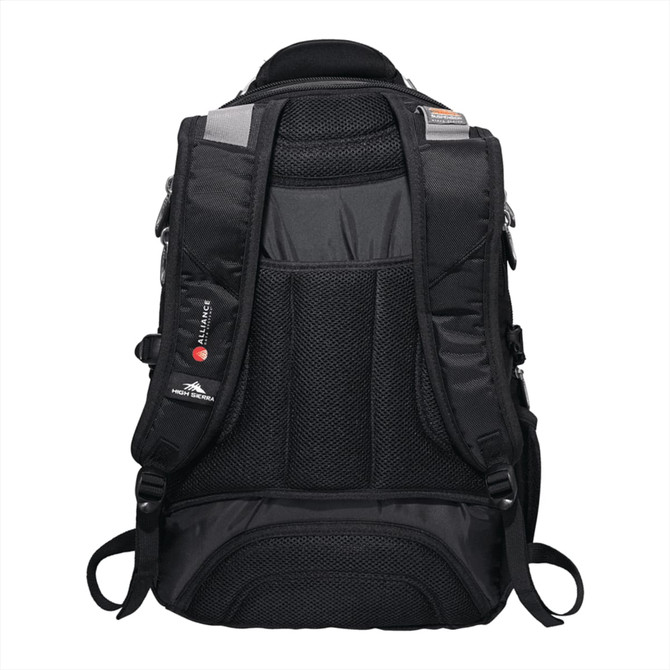 A black computer backpack with padded straps and mesh detailing, featuring multiple compartments and a logo.