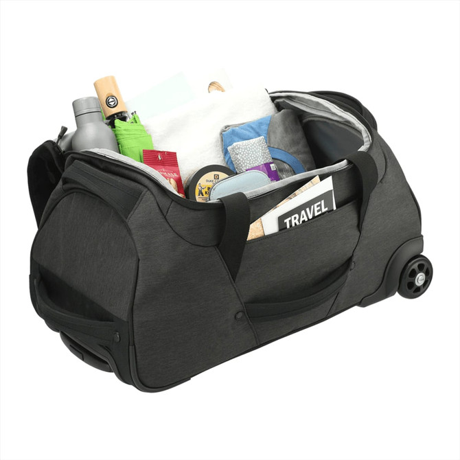 A wheeled duffel bag in charcoal grey with various items inside, including a drink bottle and travel essentials.