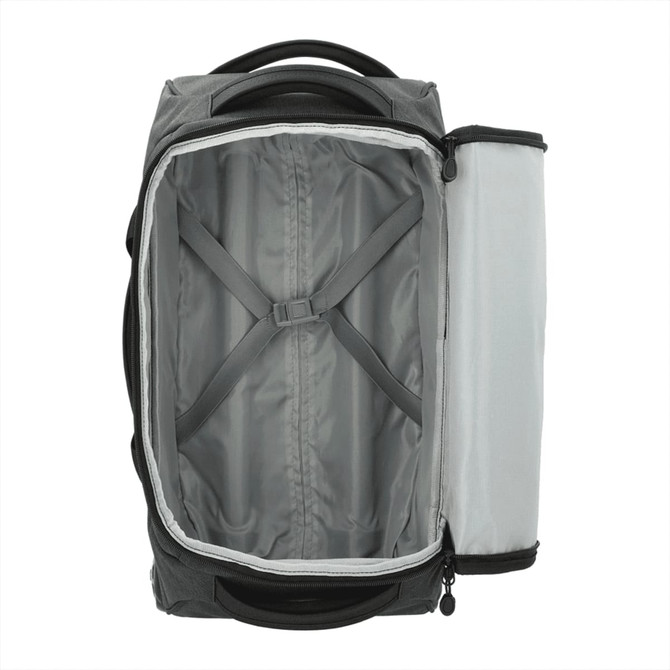 A wheeled duffel bag in grey with an unzipped interior, featuring straps and a side compartment.