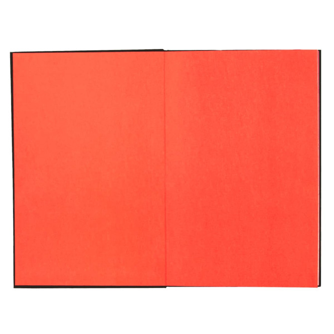 An open journal features bright red pages and a black cover, ideal for note-taking or journaling.