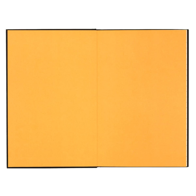 A journal with a black cover and bright yellow pages inside. It features a simple binding and no additional decor.