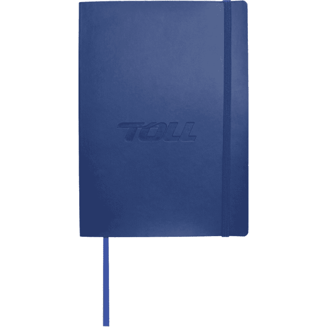 A blue bound journal with an elastic closure and a logo on the cover. It features a soft, textured finish.