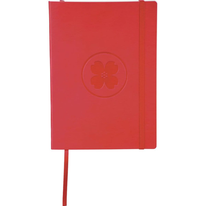 A red Pedova Large Ultra Soft Bound JournalBook with an embossed floral design and a matching elastic band.