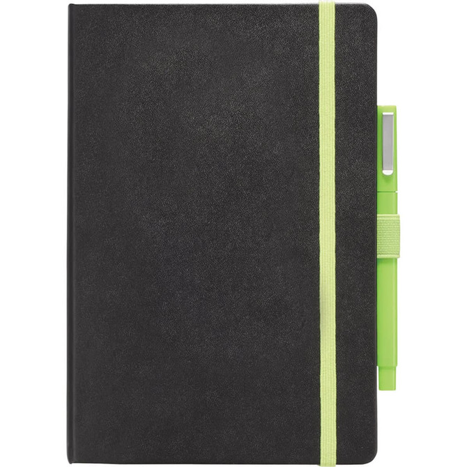 A bound journal with a black cover and a green pen attached, featuring a contrasting green elastic band.