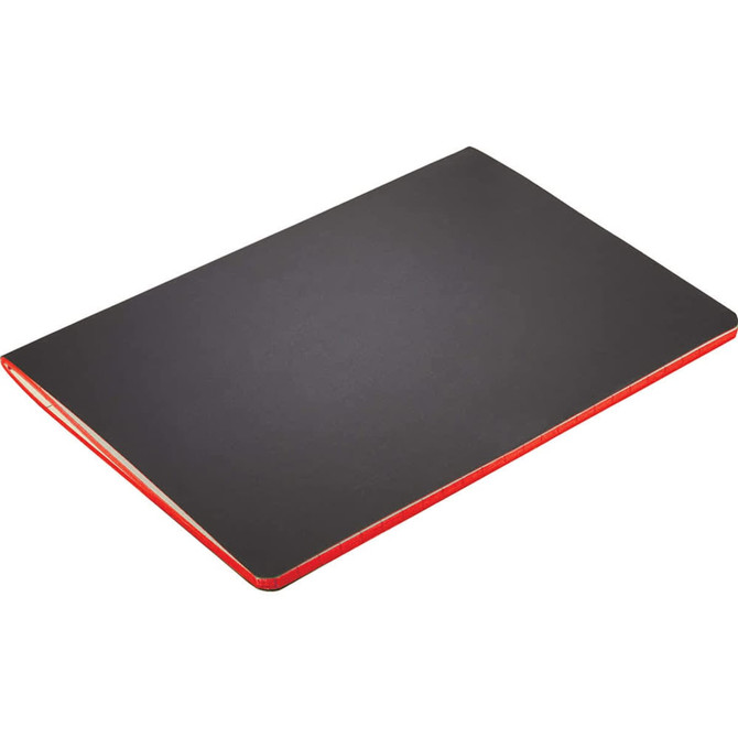 A Black journal with a red saddle stitch along the edge, featuring a branding logo on the cover.
