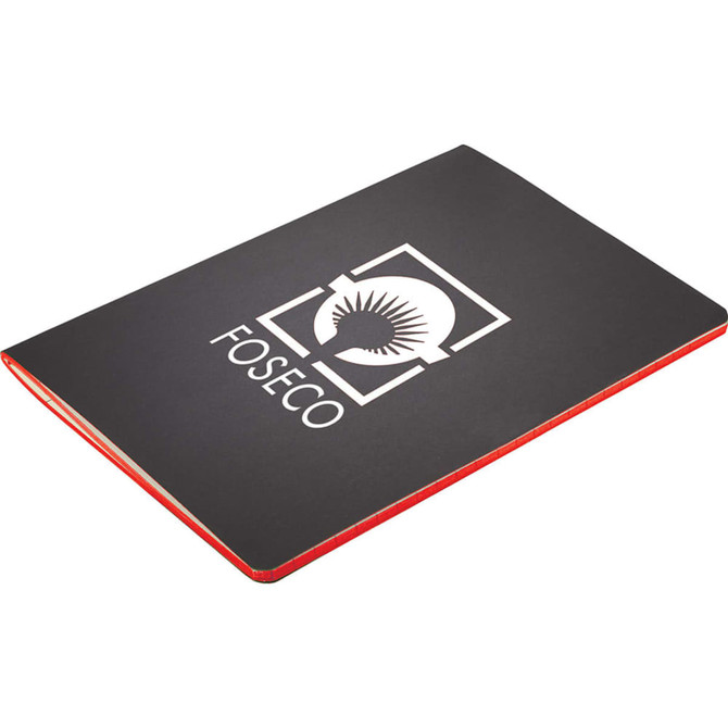 A black journal with a red saddle-stitch binding and a logo on the cover.
