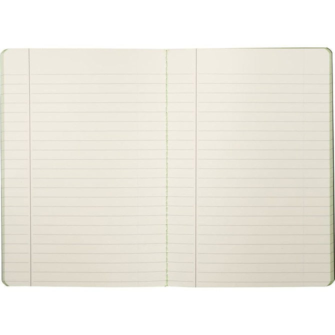 An open journal with lined pages and a vibrant green spine. It features a logo on the cover.