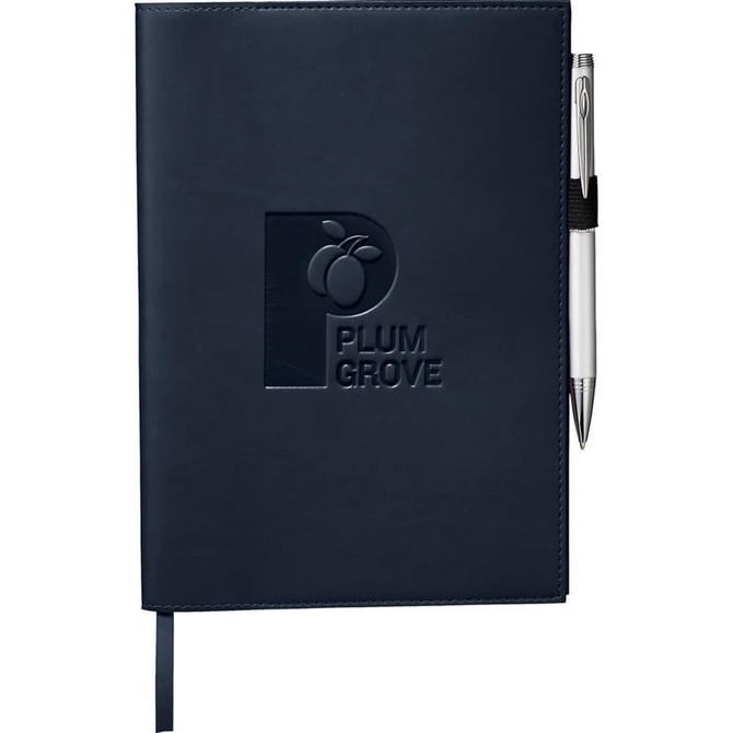 A navy refillable journal with a logo and an elastic pen holder featuring a silver pen.