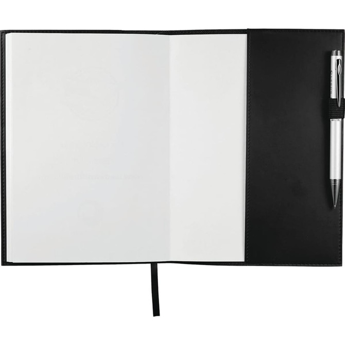 A refillable journal book with a black cover, featuring blank pages and a pen holder on the side.