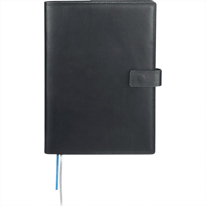 A sleek black leather journal with a clasp closure and ribbon bookmarks. It features a logo on the cover.
