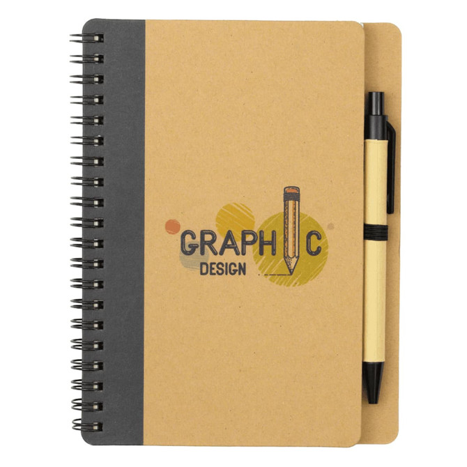 A brown spiral-bound notebook with a black cover and a black ballpoint pen attached. It features a design logo.