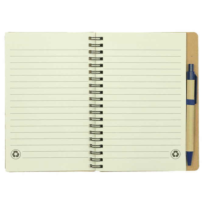A spiral-bound notebook with blank lined pages and a blue ballpoint pen. The notebook features a recycling symbol.
