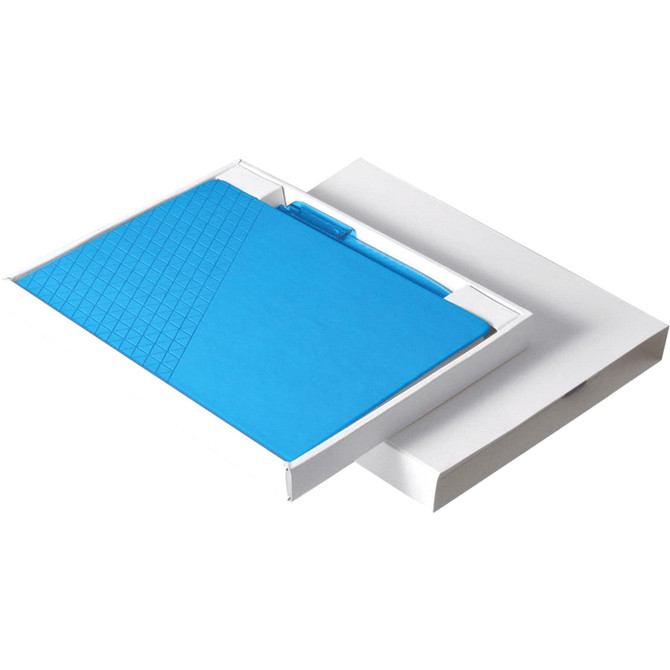 A blue notebook with a geometric design and a matching pen, presented in a white gift box.