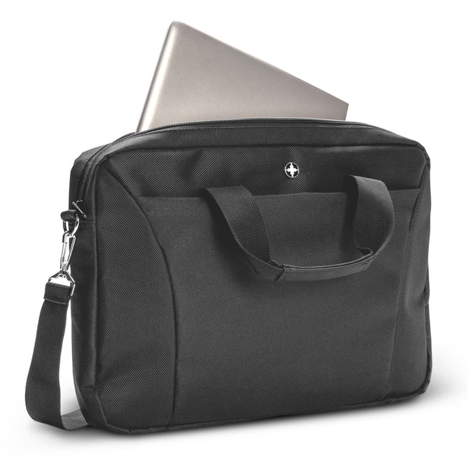A black laptop bag with a silver laptop partially visible inside, featuring a logo on the front.