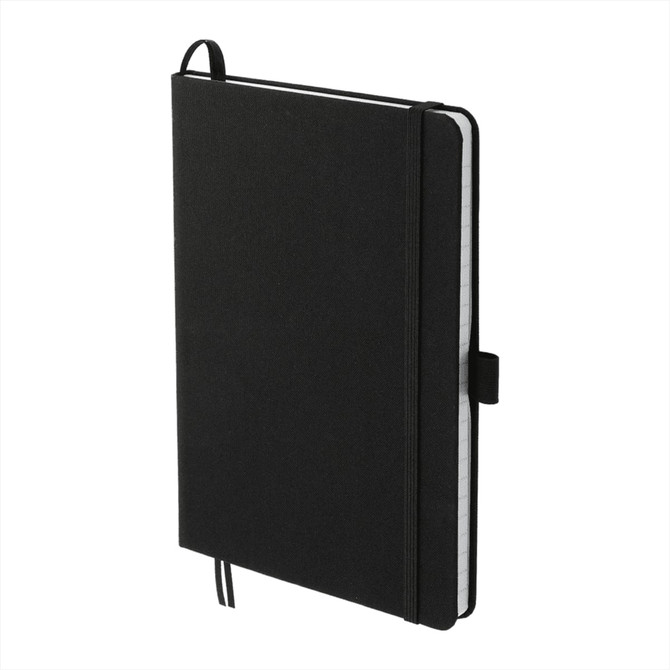 A black Recycled Marine Bound JournalBook with a textured cover and elastic closure. It has a logo on the front.