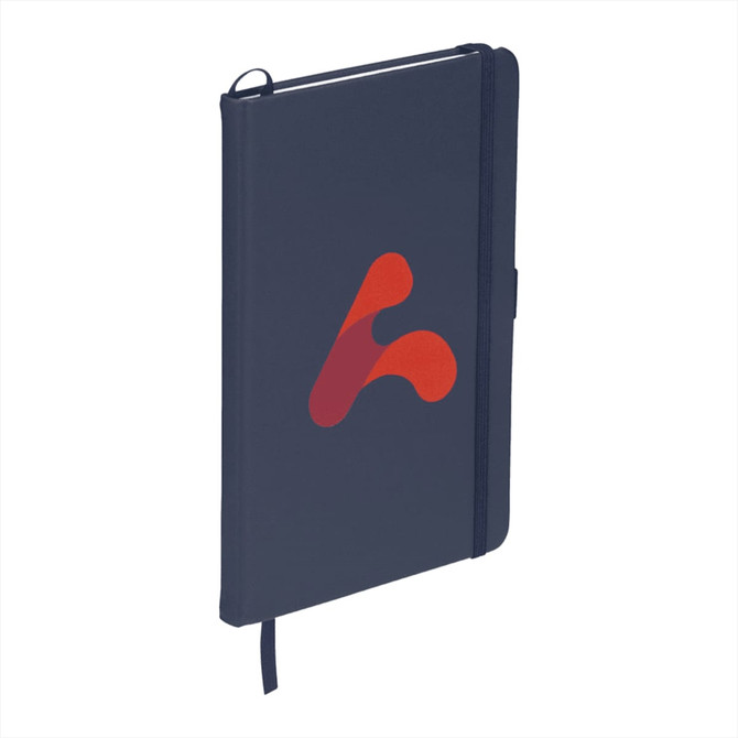 A navy blue leather-bound journal with an elastic closure and a ribbon bookmark, featuring a logo.