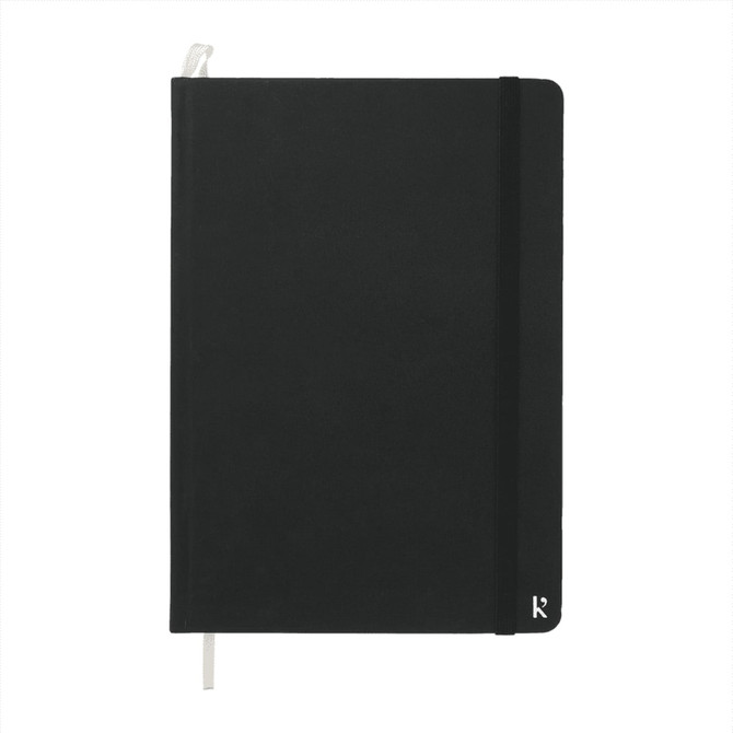 A black hardcover notebook made from stone paper, featuring an elastic band and a ribbon bookmark.
