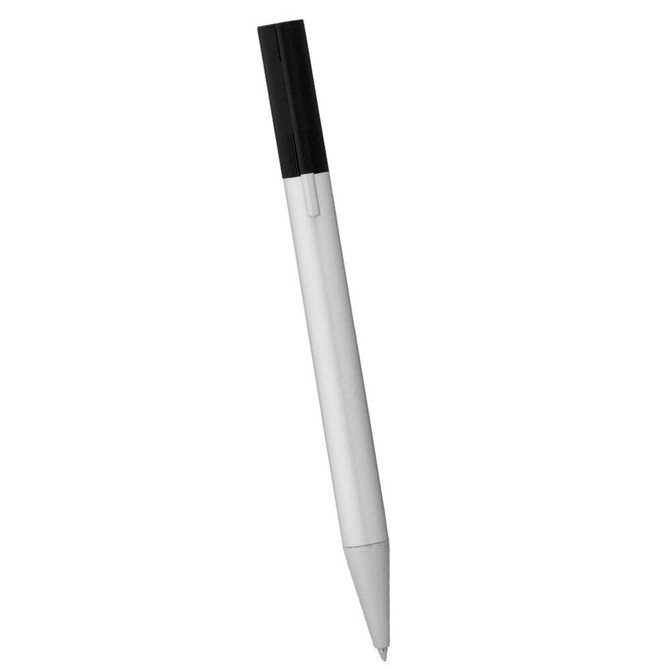 A white ballpoint pen with a black cap and tip. The pen features a logo on its body.