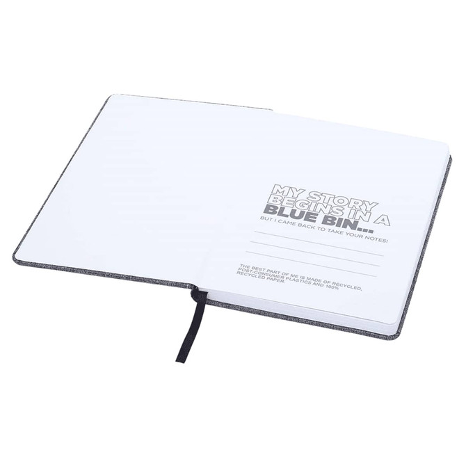 A grey A5 RPET notebook with blank pages and a ribbon bookmark, featuring a logo on the cover.