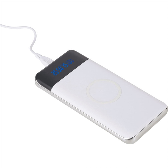 A white wireless power bank with a display and a black top section, featuring a round charging area.
