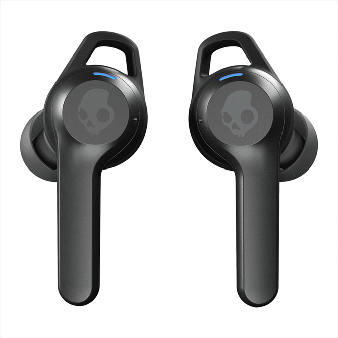 True wireless earbuds in black with a logo, featuring a sleek design and blue indicator light.