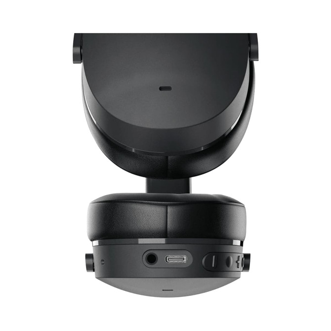 A pair of black wireless headphones with a sleek design, featuring a USB-C port and control buttons.
