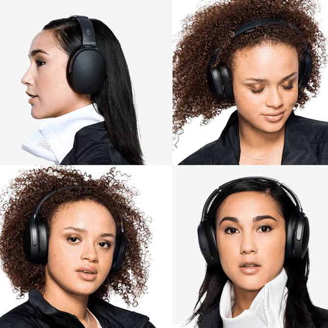 A black wireless headphone displayed from multiple angles, featuring a sleek design and comfortable ear cups.