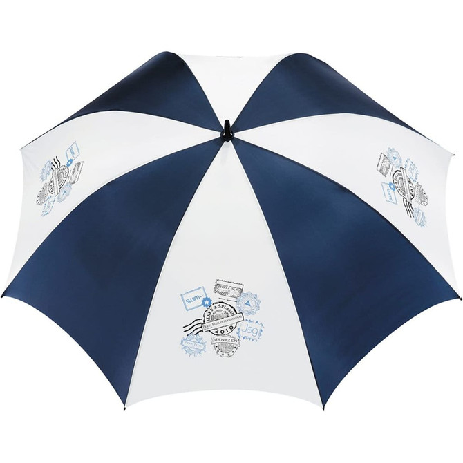 A blue and white promotional golf umbrella featuring various designs and a logo.