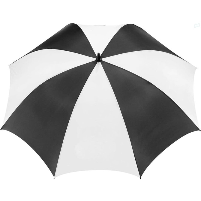 A golf umbrella featuring a black and white striped canopy design. It includes a logo on one side.