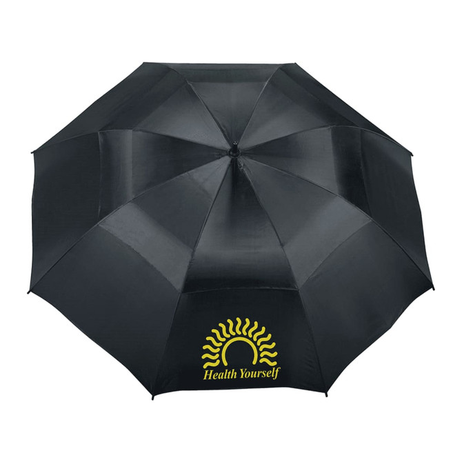 A black vented golf umbrella with an intricate design and a logo on one panel.