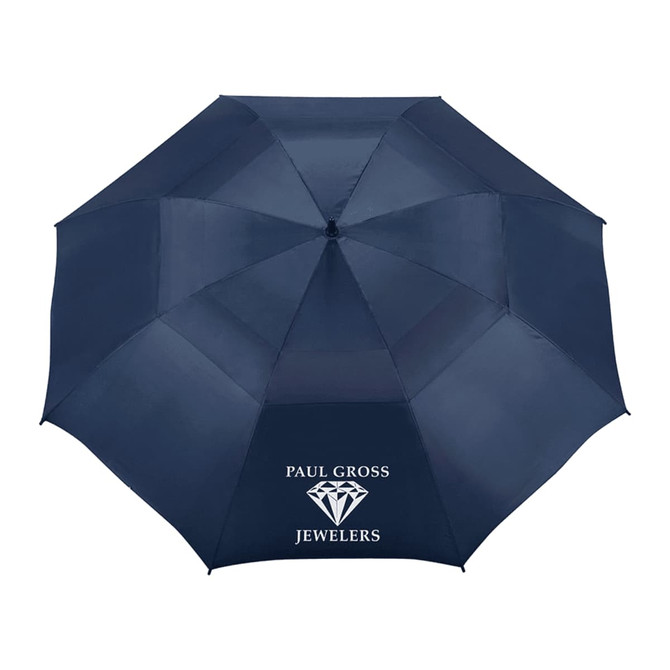 A navy blue vented golf umbrella featuring a logo with a diamond design.