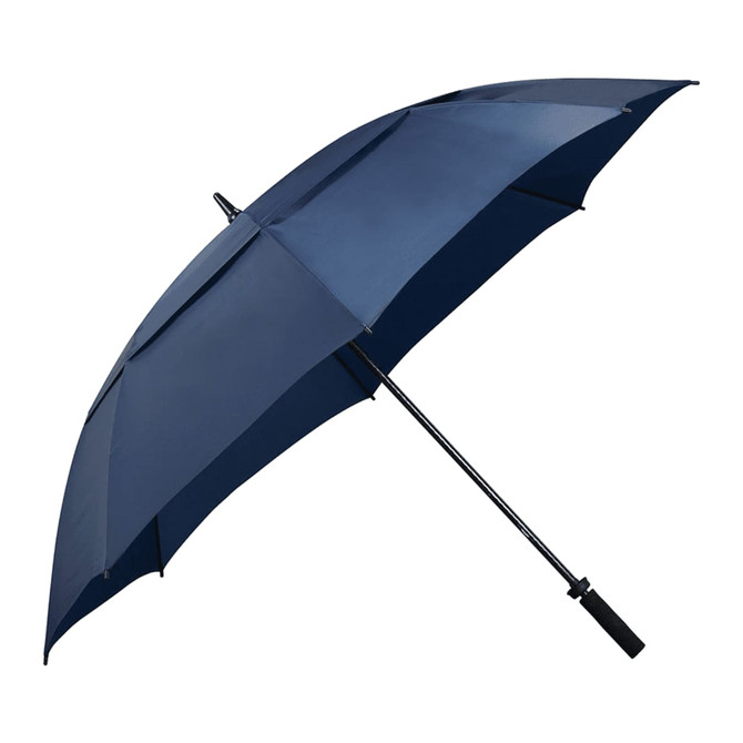 A navy blue vented golf umbrella with a black handle and a branding logo.