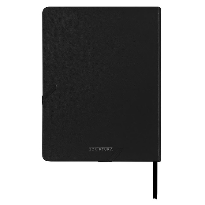 A black notebook with a textured cover, featuring an elastic band closure and a ribbon bookmark.