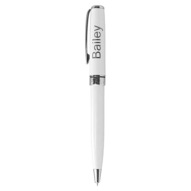 A white metal ballpoint pen with a twist action mechanism and a branding logo.